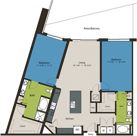 Floor plan for 2 beds, 2 baths, 1477 sqft